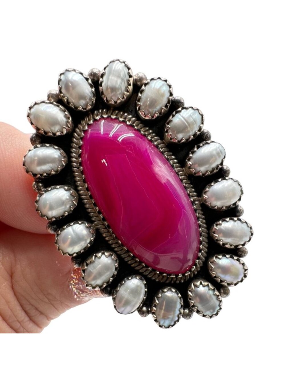 Pearl Pink Agate Ring Sterling Silver Statement Ring Size Adjustable